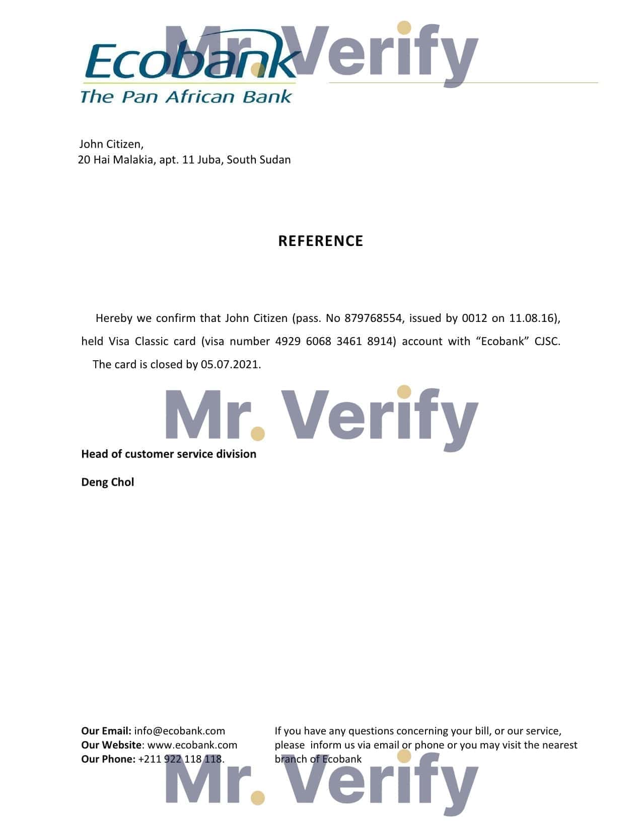 South Sudan Ecobank bank account closure reference letter template in Word and PDF format South Sudan Ecobank bank account closure reference letter template in Word and PDF format