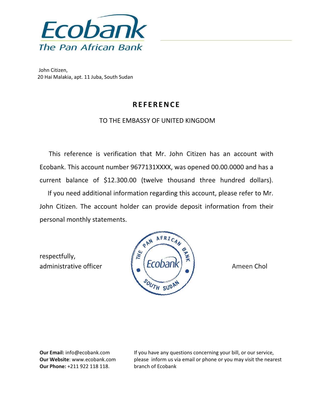 South Sudan Ecobank bank reference letter template in Word and PDF format South Sudan Ecobank bank reference letter template in Word and PDF format