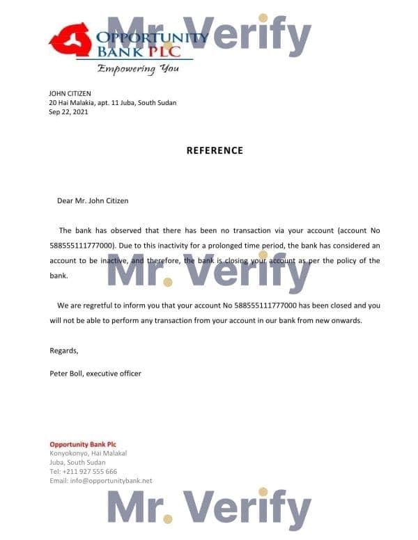 South Sudan Opportunity Bank bank account closure reference letter template in Word and PDF format