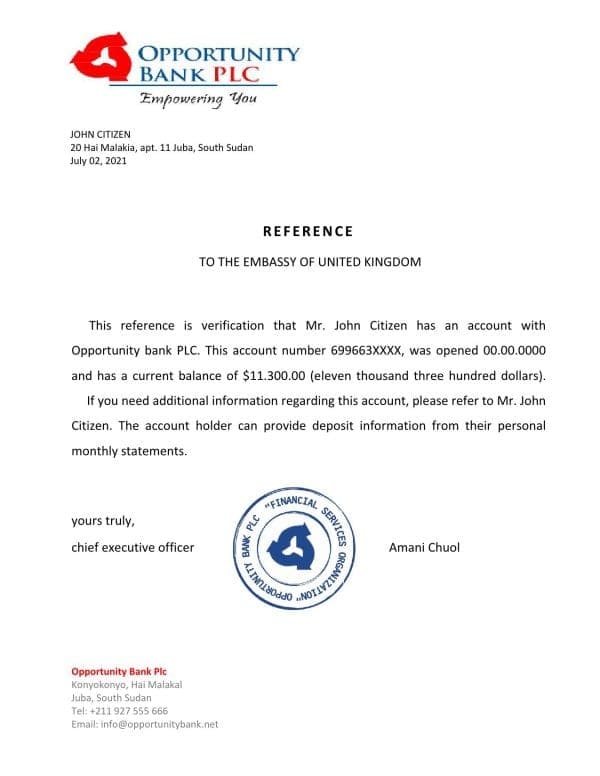 South Sudan Opportunity Bank bank reference letter template in Word and PDF format