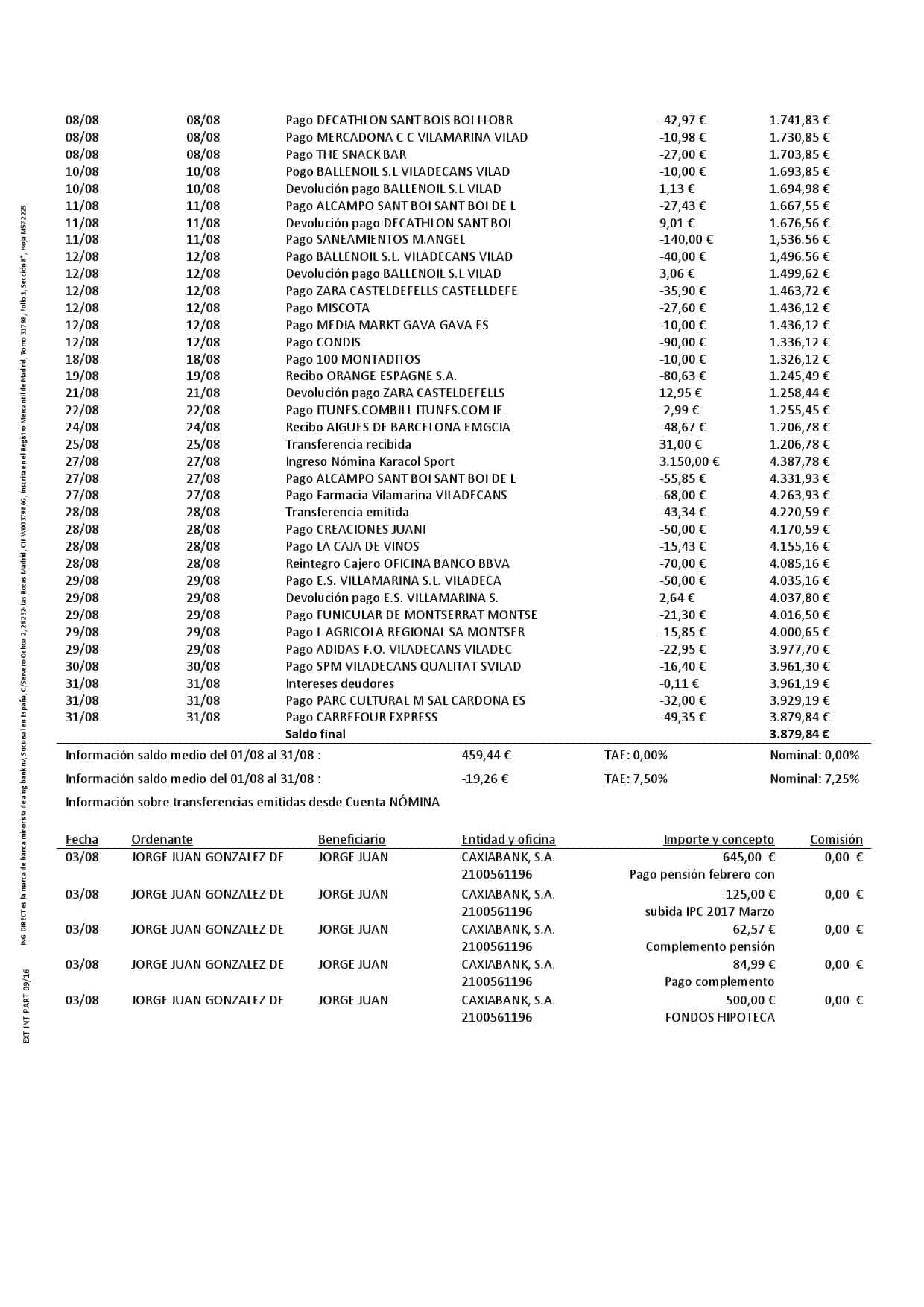 Spain-ING-Direct_000002.jpg Spain ING Direct bank statement template in Word and PDF format, 3 pages - Image 2