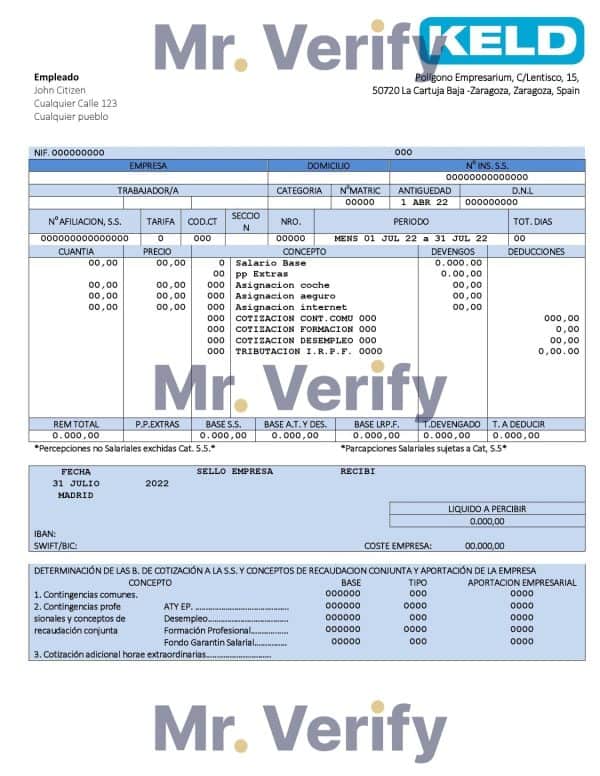 Spain Keld electronic company pay stub Word and PDF template