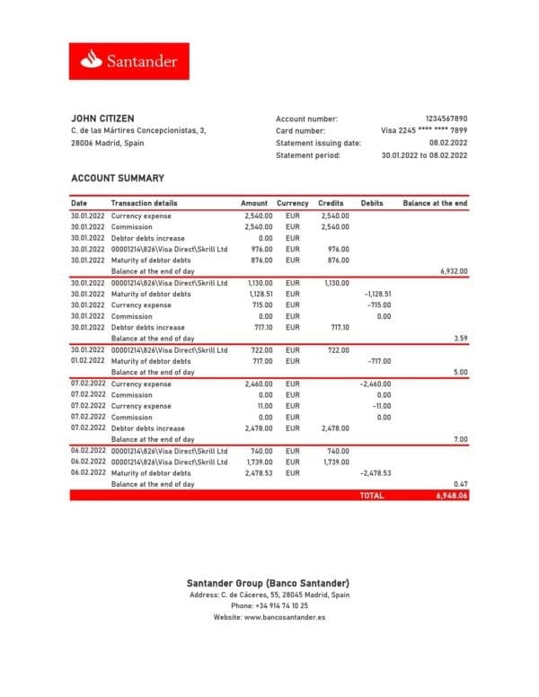 Spain Santander bank statement, Excel and PDF template