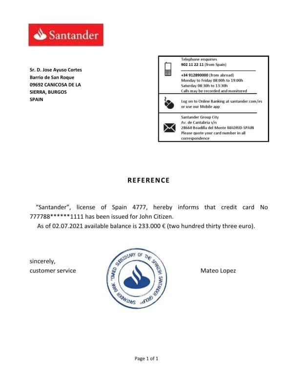 Spain Santander bank reference letter template in Word and PDF format