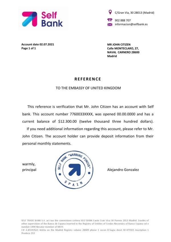 Spain Self Bank bank reference letter template in Word and PDF format