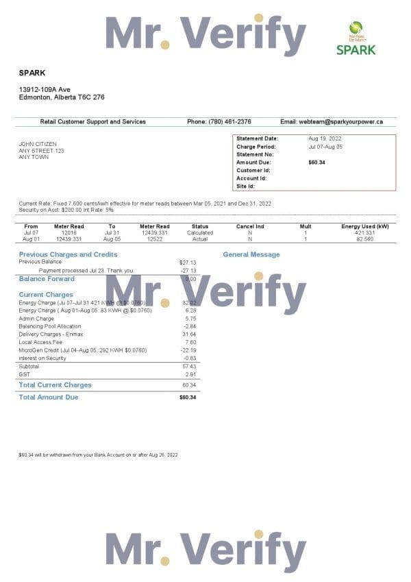 Canada Alberta Spark utility bill template in Word and PDF format