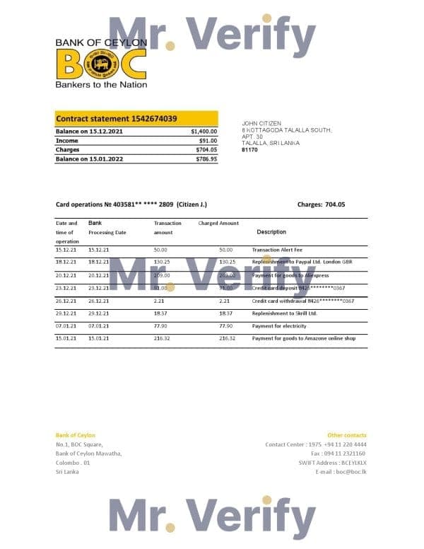 Sri Lanka Bank of Ceylon bank statement easy to fill template in .xls and .pdf file format