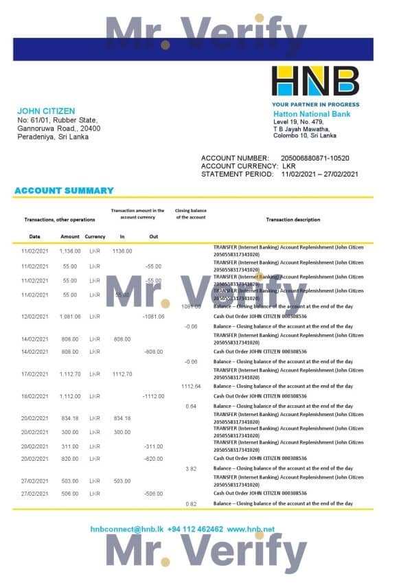 Sri Lanka Hatton National Bank bank statement template in Excel an PDF format