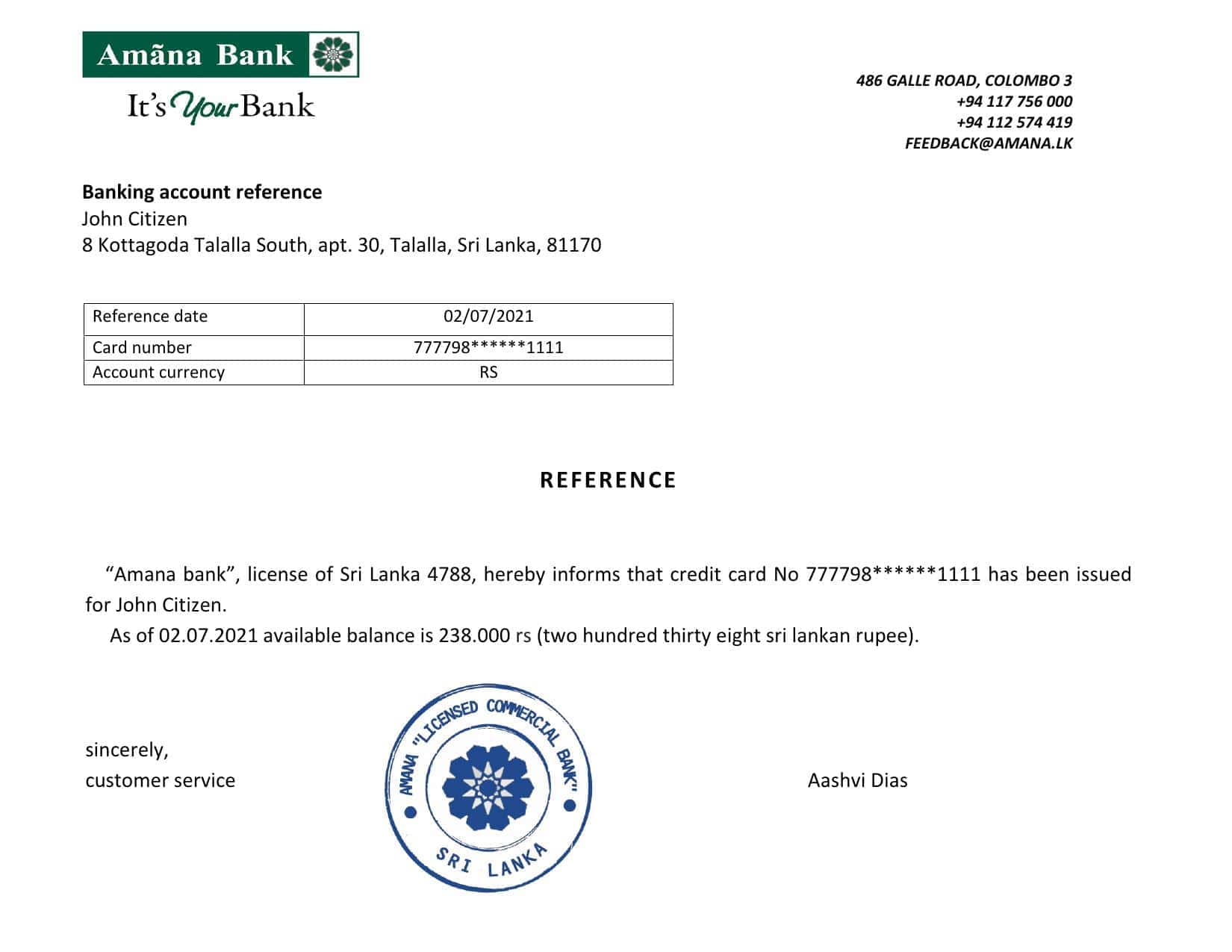 Sri Lanka Amana Bank bank reference letter template in Word and PDF format Sri Lanka Amana Bank bank reference letter template in Word and PDF format