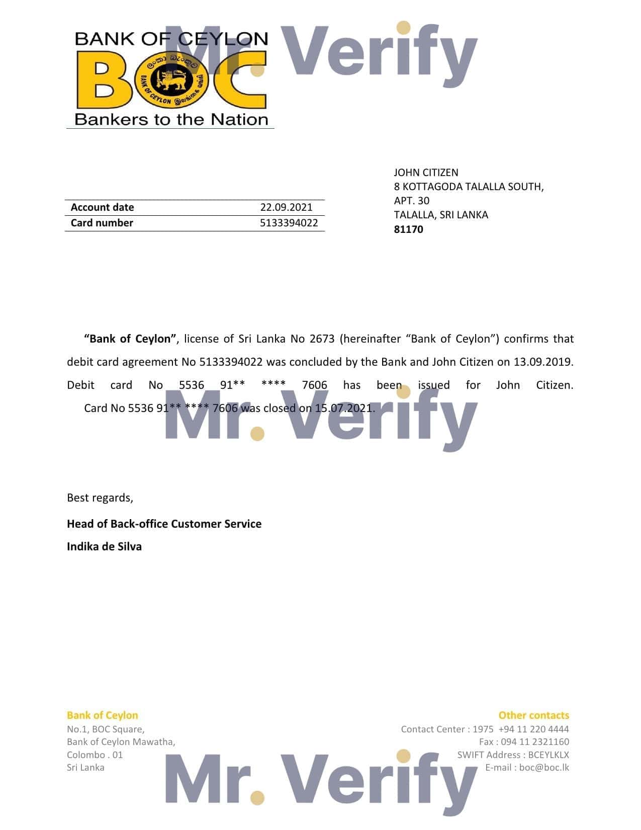 Sri Lanka BOC bank account closure reference letter template in Word and PDF format Sri Lanka BOC bank account closure reference letter template in Word and PDF format