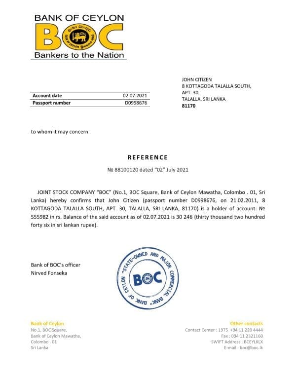 Sri Lanka BOC bank reference letter template in Word and PDF format