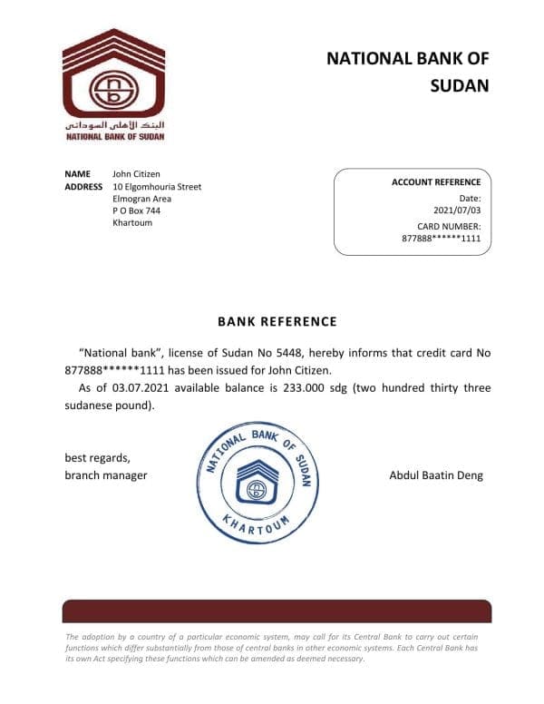 Sudan National Bank of Sudan bank account balance reference letter template in Word and PDF format