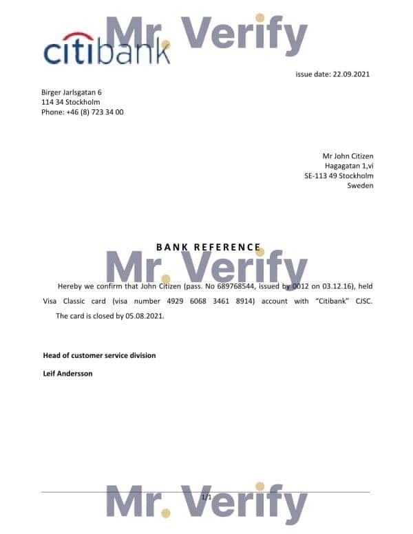 Sweden Citibank bank account closure reference letter template in Word and PDF format