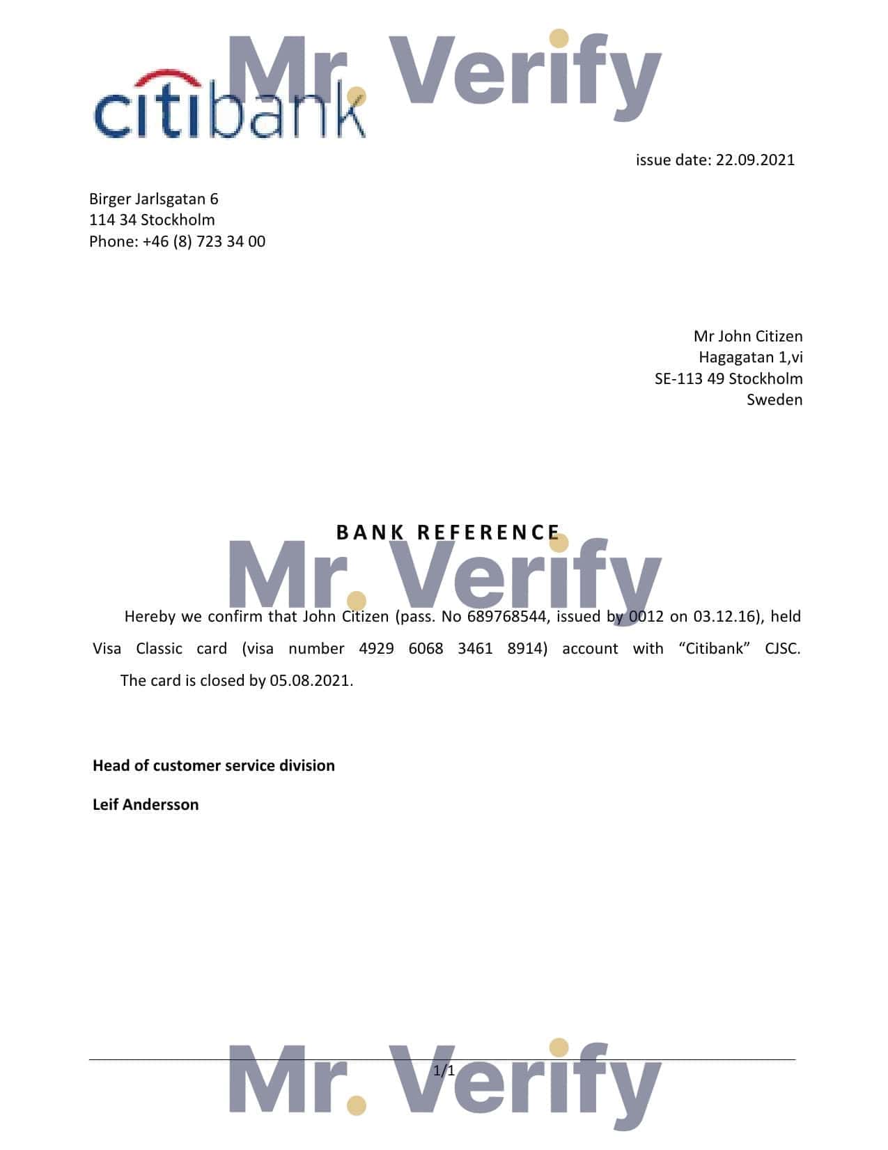 Sweden Citibank bank account closure reference letter template in Word and PDF format Sweden Citibank bank account closure reference letter template in Word and PDF format