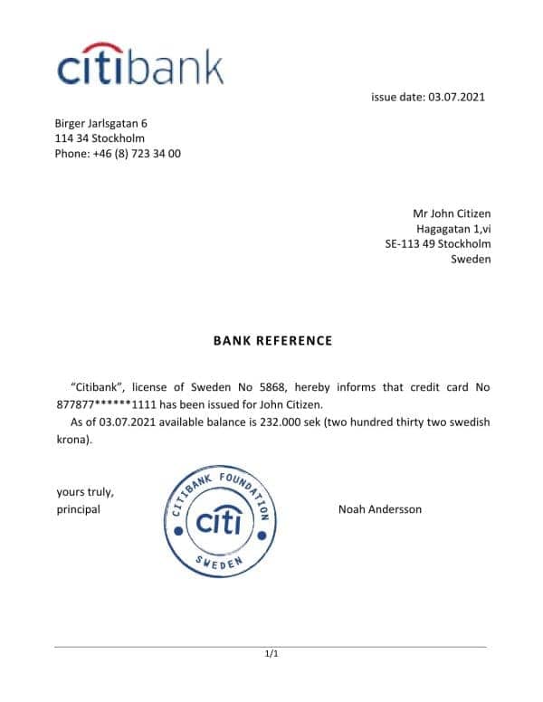 Sweden Citibank bank reference letter template in Word and PDF format