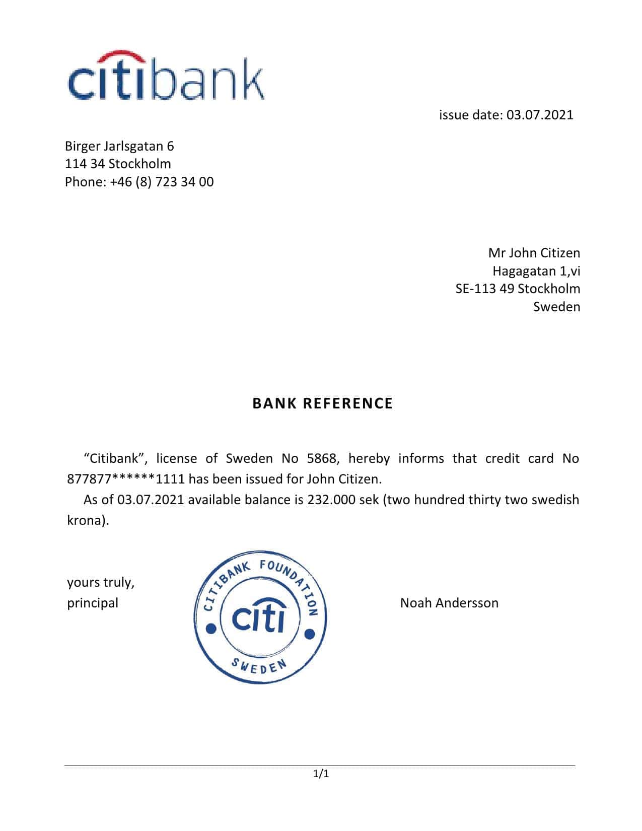 Sweden Citibank bank reference letter template in Word and PDF format Sweden Citibank bank reference letter template in Word and PDF format