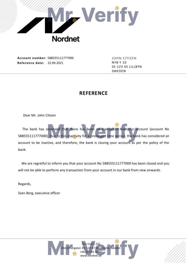 Sweden Nordnet bank account closure reference letter template in Word and PDF format