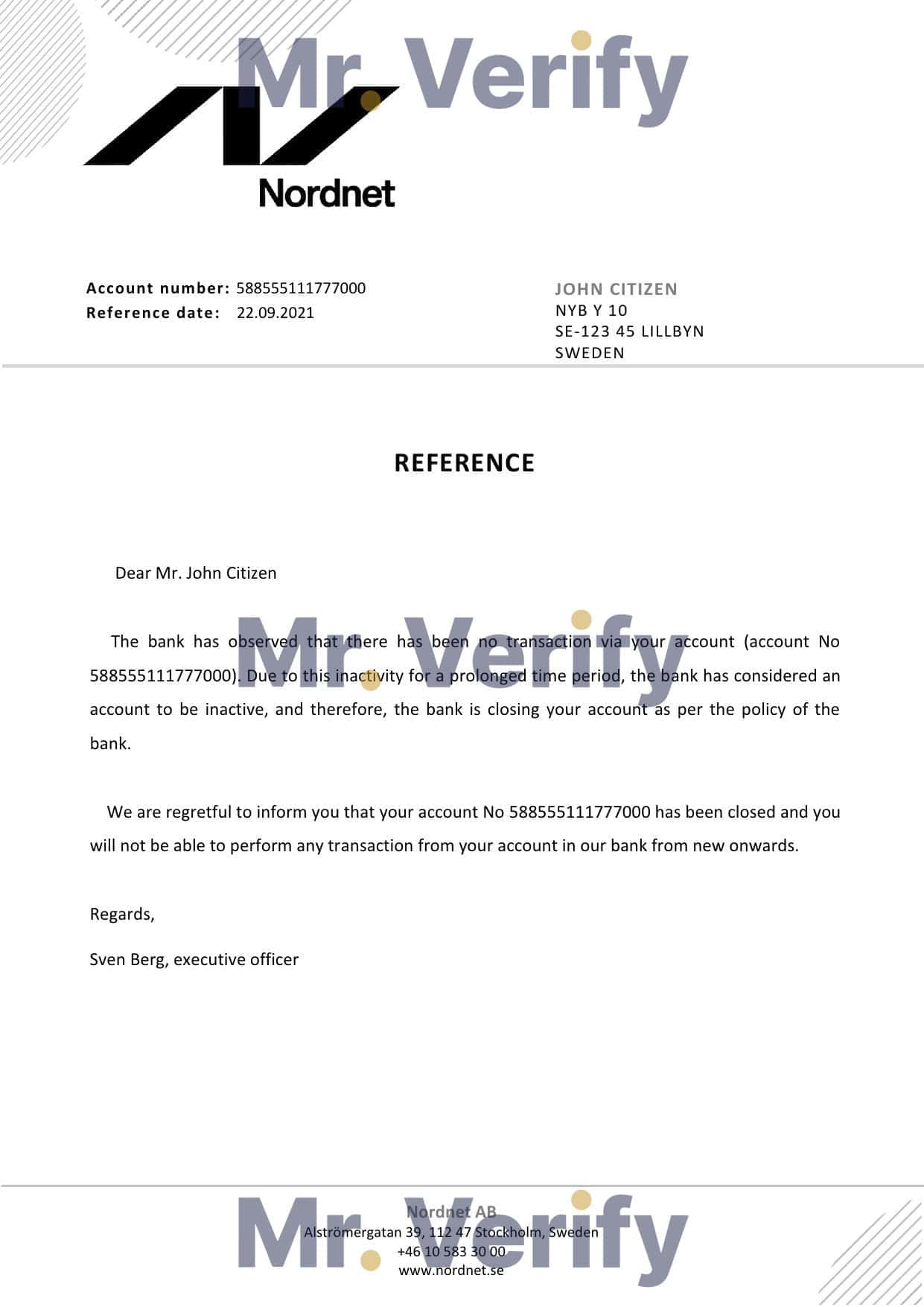 Sweden Nordnet bank account closure reference letter template in Word and PDF format Sweden Nordnet bank account closure reference letter template in Word and PDF format