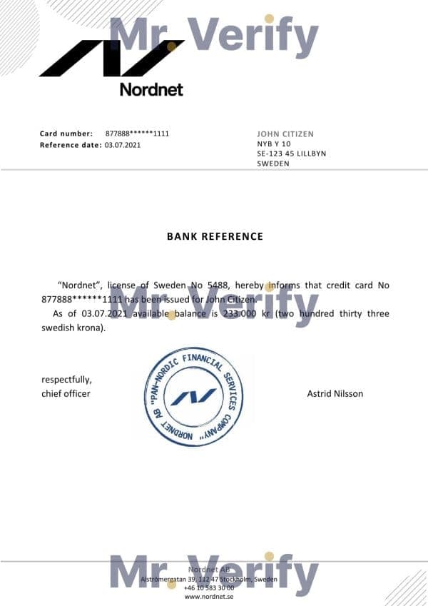 Sweden Nordnet bank reference letter template in Word and PDF format Sweden Nordnet bank reference letter template in Word and PDF format