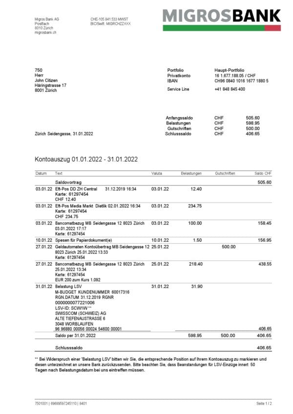 Switzerland Migrosbank bank statement, Word and PDF template, 2 pages