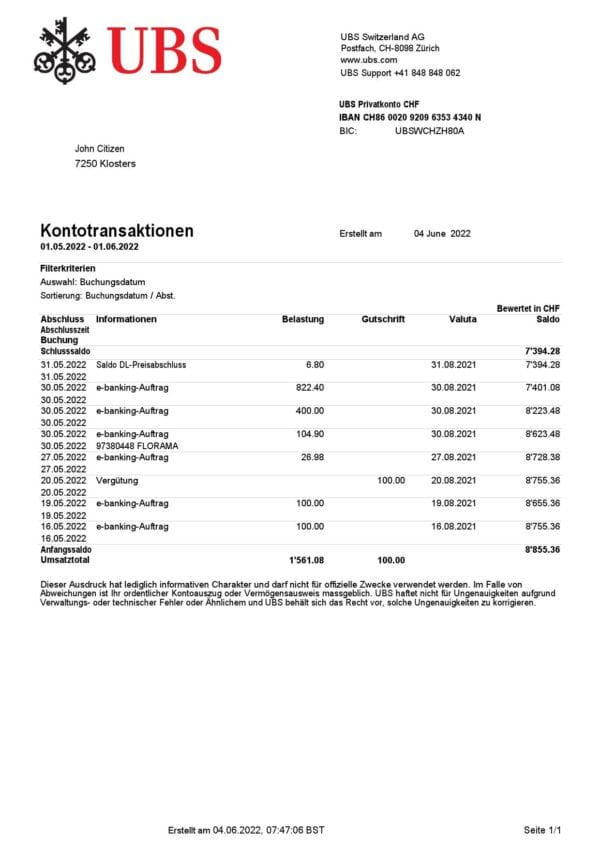 Switzerland UBS bank statement, Word and PDF template