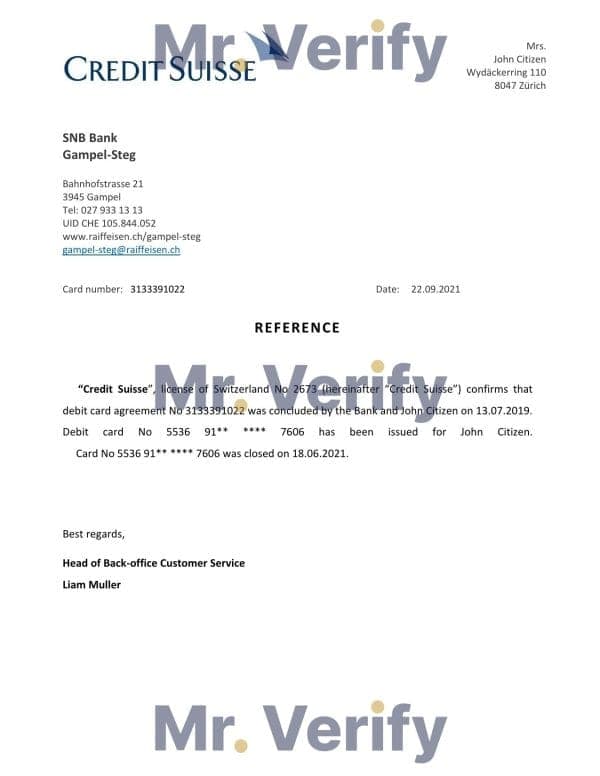 Switzerland Credit Suisse bank account closure reference letter template in Word and PDF format
