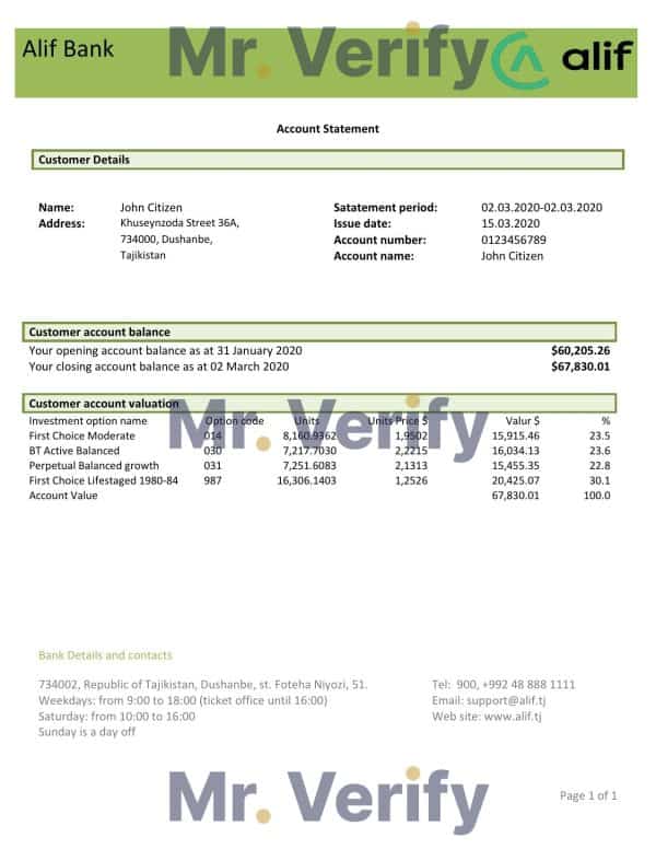 Tajikistan Alif Bank statement template, Word and PDF format (.doc and .pdf)