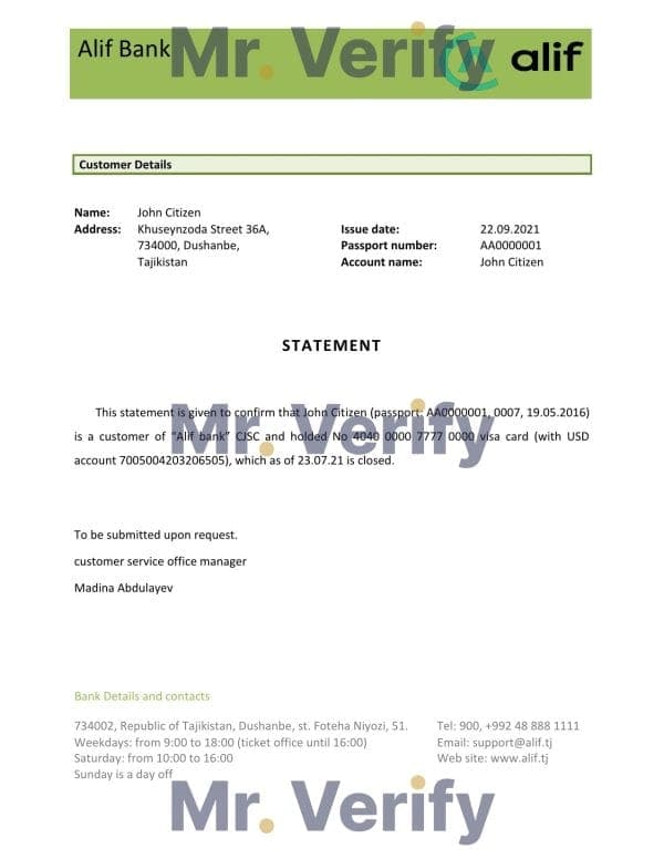 Tajikistan Alif bank account closure reference letter template in Word and PDF format Tajikistan Alif bank account closure reference letter template in Word and PDF format