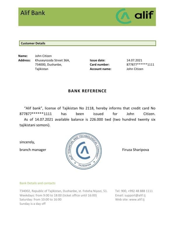 Tajikistan Alif bank reference account reference letter template in Word and PDF format