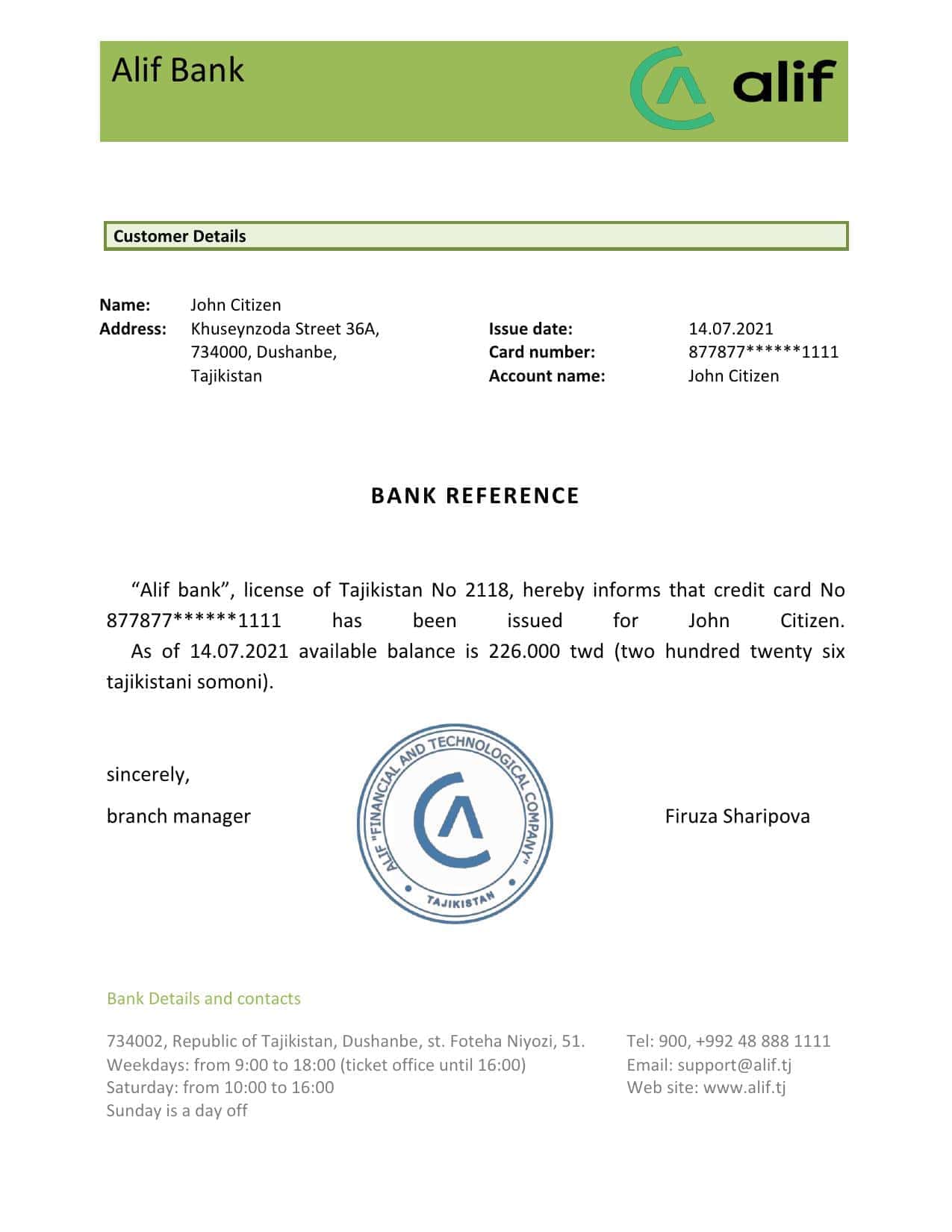 Tajikistan Alif bank reference account reference letter template in Word and PDF format Tajikistan Alif bank reference account reference letter template in Word and PDF format