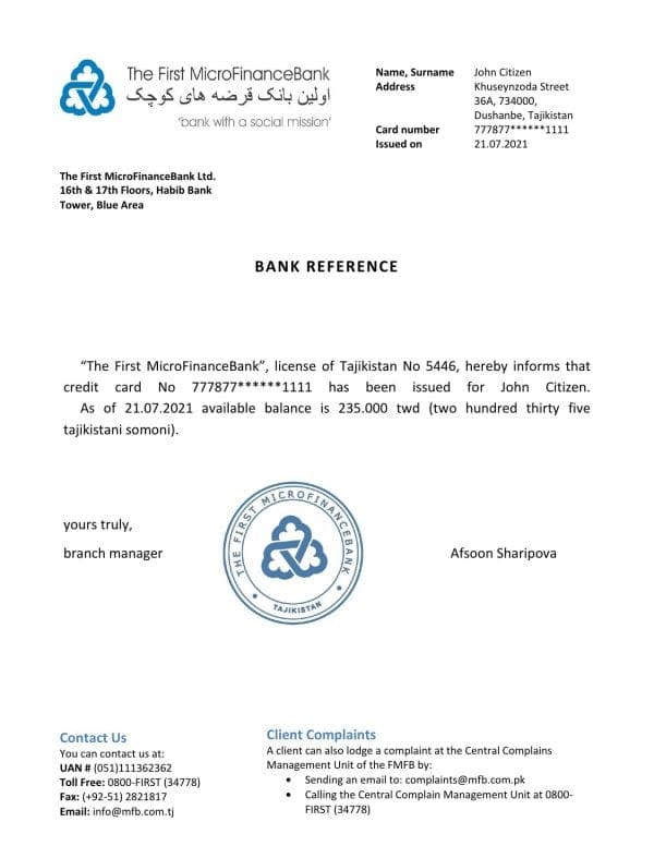 Tajikistan The First MicroFinanceBank reference account reference letter template in Word and PDF format