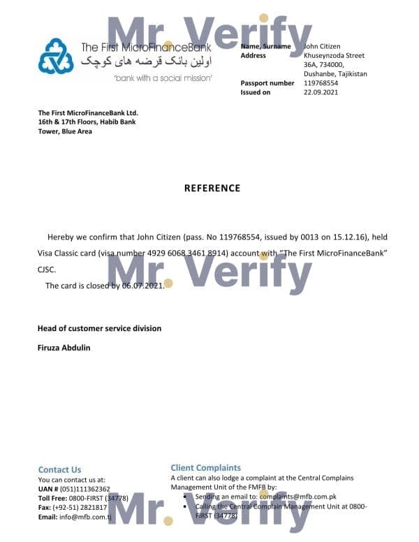 Tajikistan The First MicroFinanceBank account closure reference letter template in Word and PDF format Tajikistan The First MicroFinanceBank account closure reference letter template in Word and PDF format