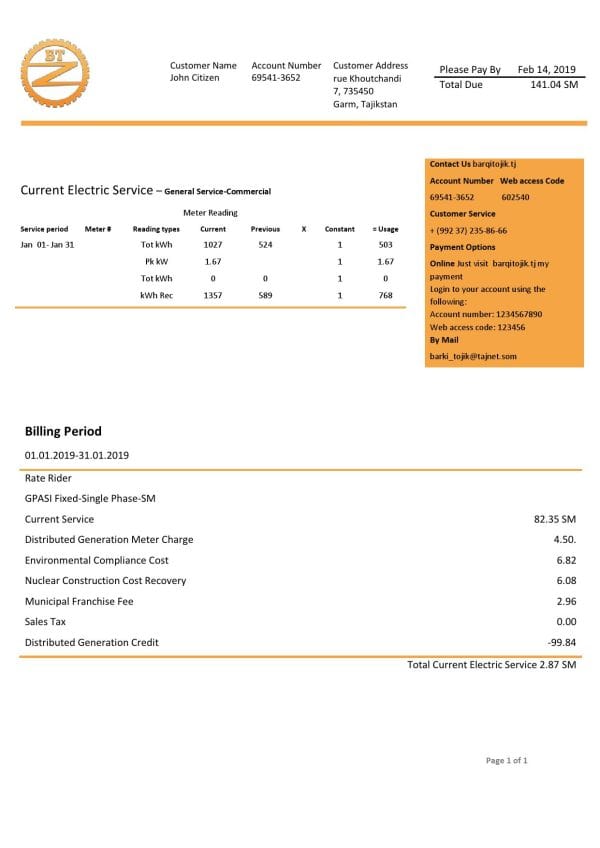 Tajikstan-Barqi-Tojik-electricity-bill.jpg Tajikistan Barqi Tojik Company electricity utility bill template in Word and PDF format