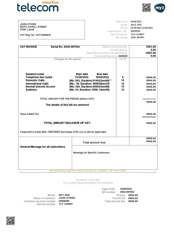 Mauritius Telecom Mauritius utility bill template in Word and PDF format