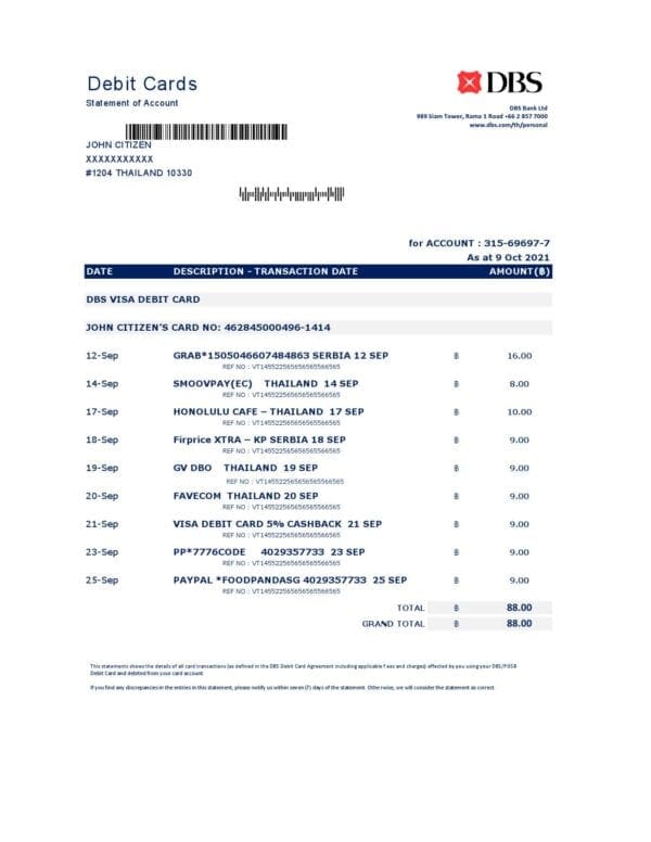 Thailand DBS bank statement easy to fill template in .xls and .pdf file format