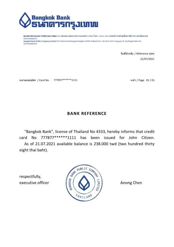 Thailand Bangkok Bank reference account reference letter template in Word and PDF format