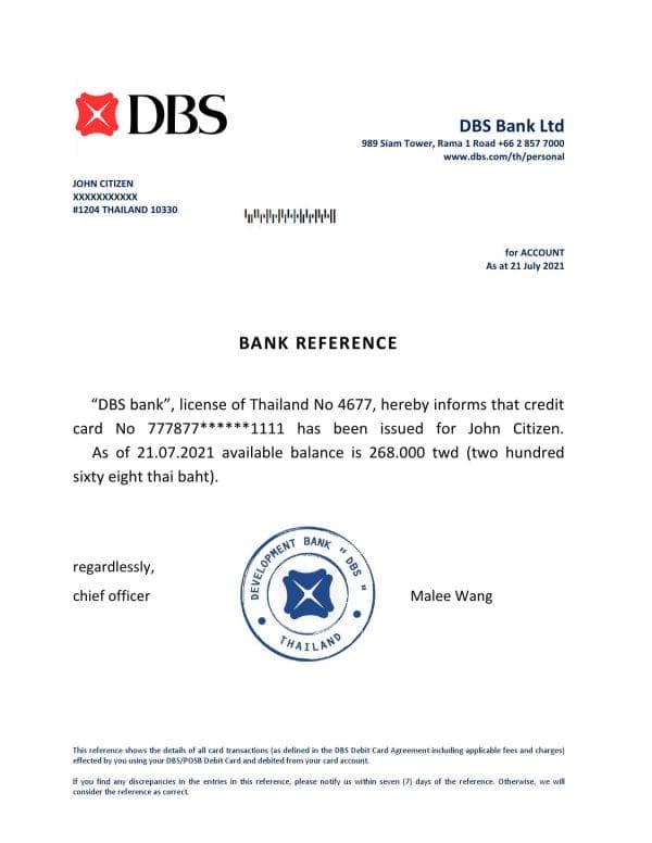 Thailand DBS bank reference account reference letter template in Word and PDF format