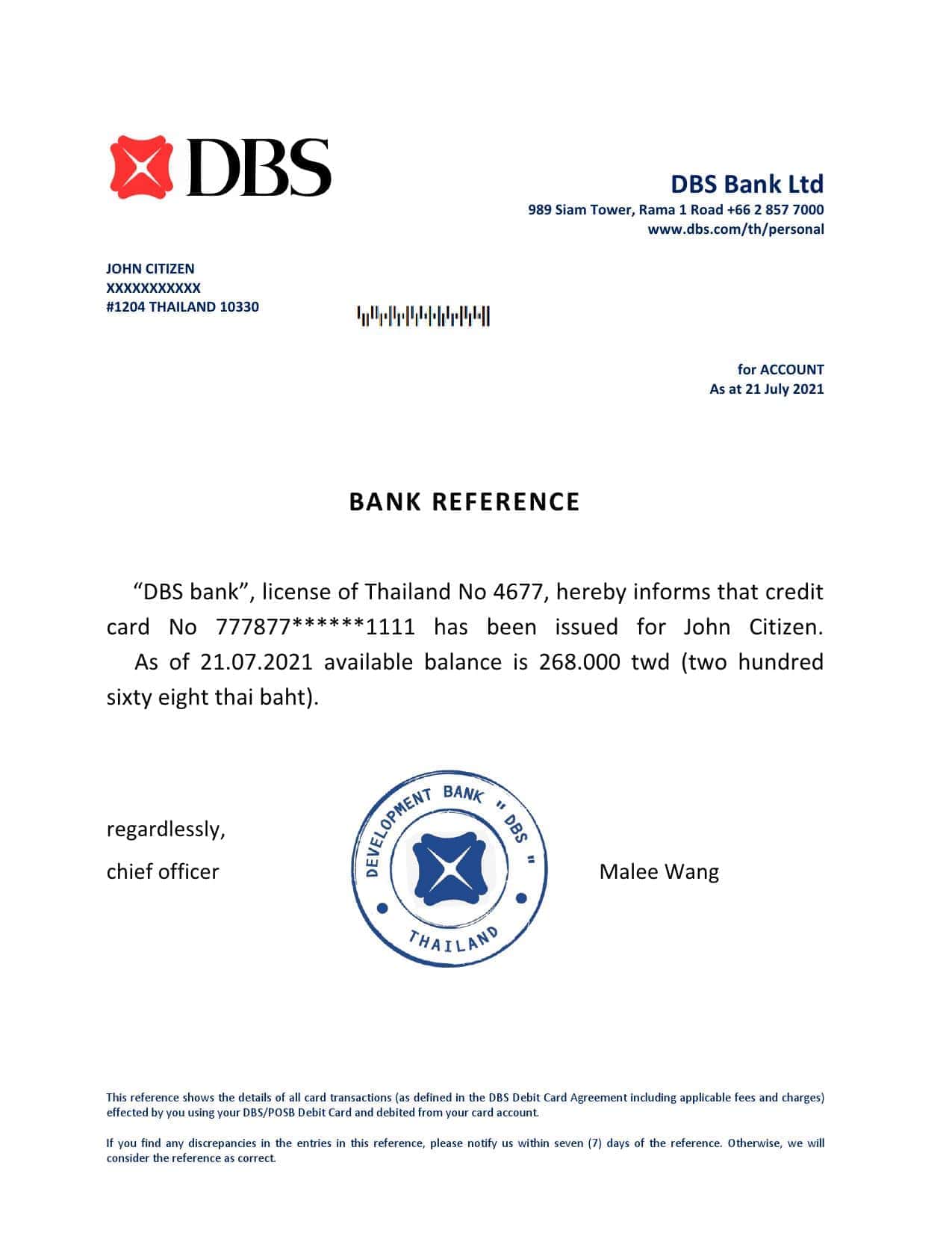 Thailand DBS bank reference account reference letter template in Word and PDF format Thailand DBS bank reference account reference letter template in Word and PDF format