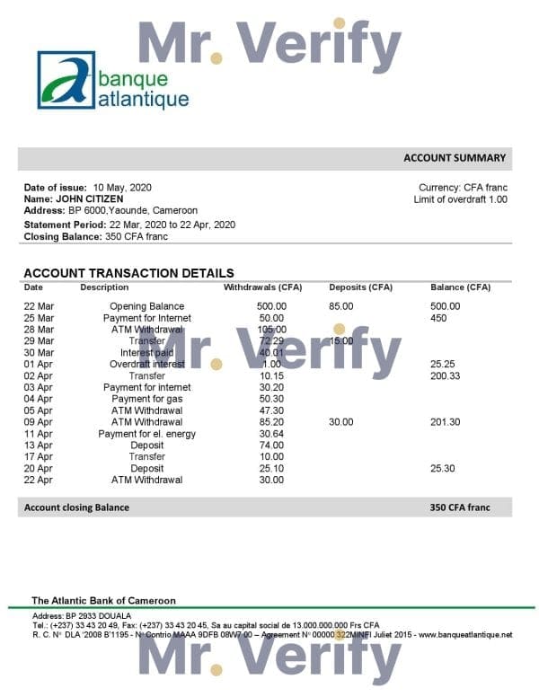Cameroon Atlantic bank statement template in Excel and PDF format