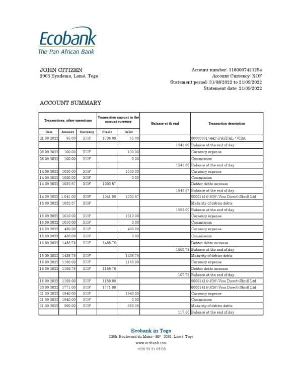 Togo Ecobank bank statement, Excel and PDF template