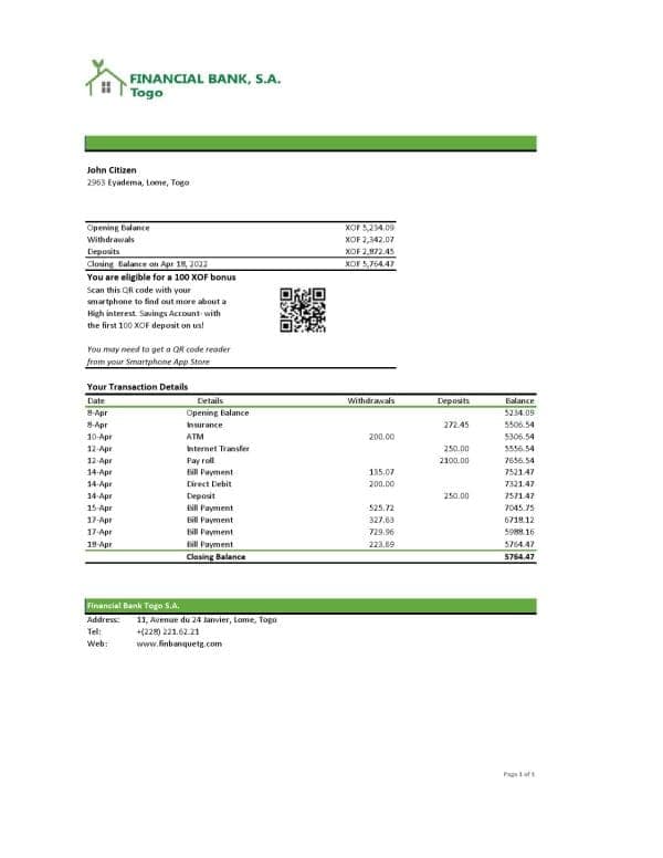 Togo Financial Bank statement, Excel and PDF template