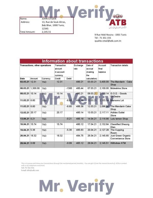 Tunisia ATB Bank statement easy to fill template in Excel and PDF format