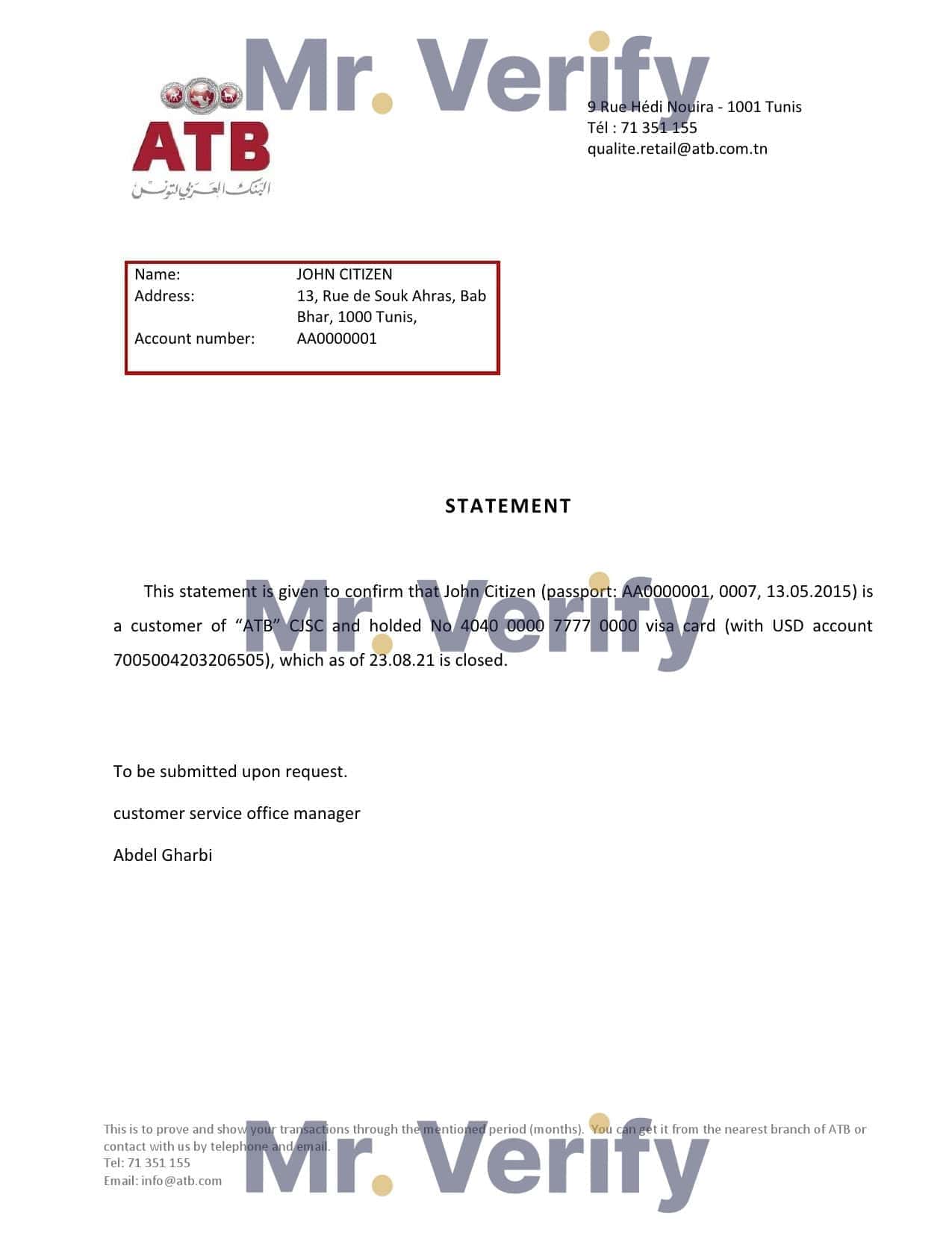 Tunisia ATB bank account closure reference letter template in Word and PDF format Tunisia ATB bank account closure reference letter template in Word and PDF format