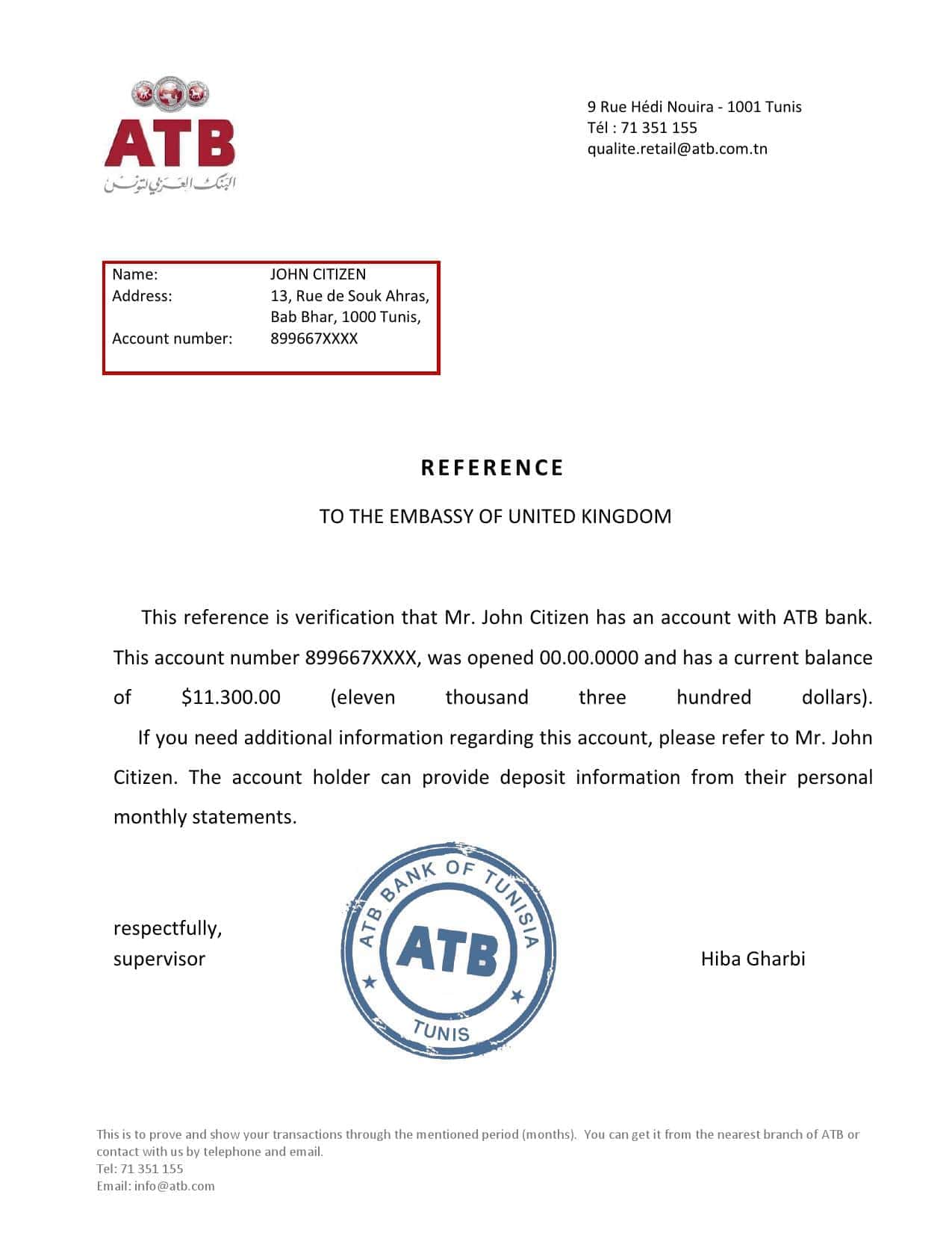 Tunisia ATB bank reference letter template in Word and PDF format Tunisia ATB bank reference letter template in Word and PDF format