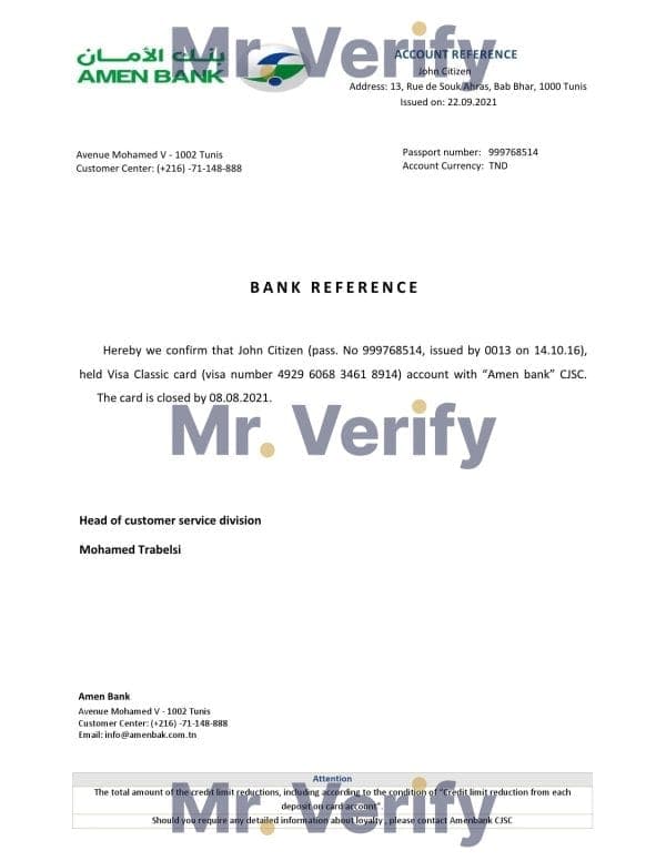 Tunisia Amen bank account closure reference letter template in Word and PDF format Tunisia Amen bank account closure reference letter template in Word and PDF format