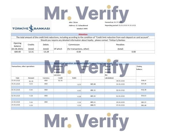 Turkey Bankasi Bank statement easy to fill template in .xls and .pdf format