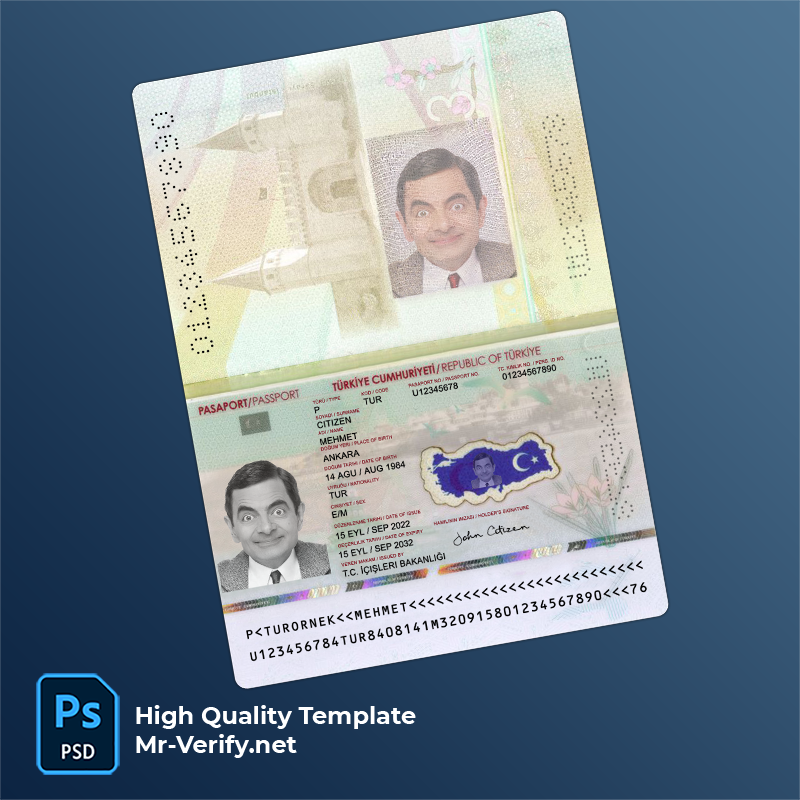 Turkey passport psd template (2022-present) Editable Turkey Passport PSD Template