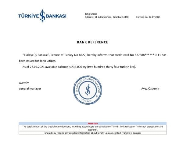 Turkey Is Bankasi bank reference letter template in Word and PDF format