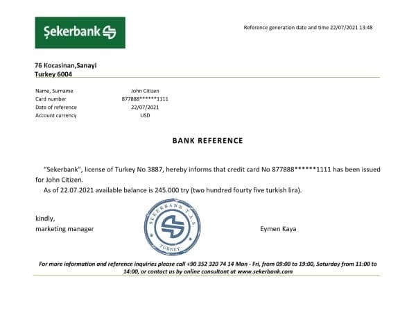 Turkey Sekerbank reference letter template in Word and PDF format