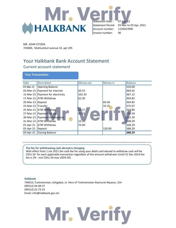 Turkmenistan Halkbank Bank statement easy to fill template in .xls and .pdf file format